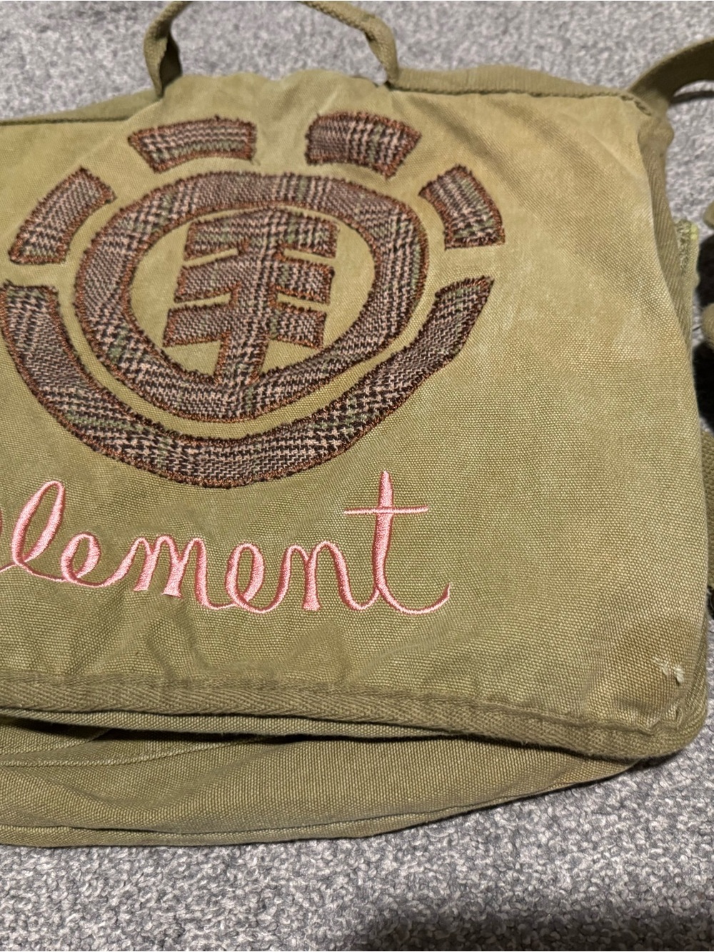 Element Olive Green Canvas Crossbody Bag with Pink Embroidery